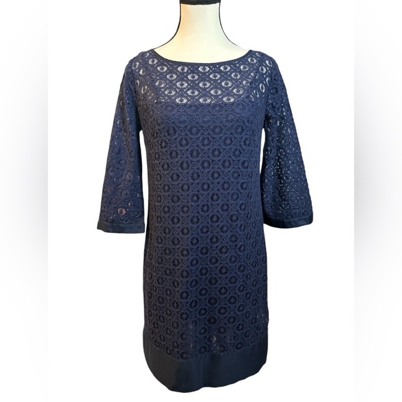 Laundry By Shelli Segal Navy Lace 3/4 Sleeve Dress - Picture 3 of 8